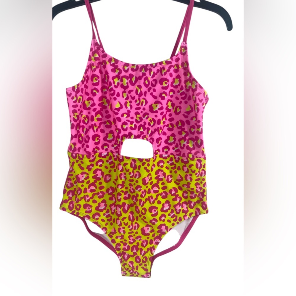 Cat & Jack XL Plus 14 Girls one piece pink yellow animal print UPF 50+ NWT